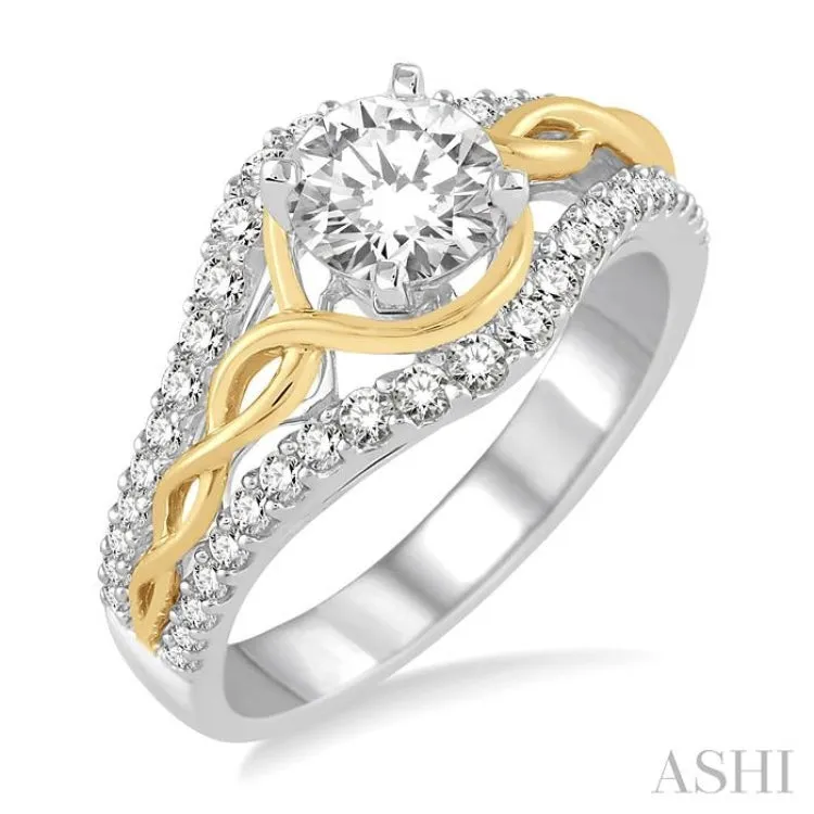 1 1/5 Ctw Diamond Engagement Ring with 3/4 Ct Round Cut Center Stone in 14K White and Yellow Gold