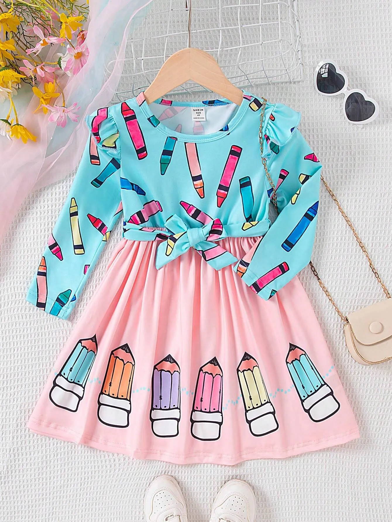 2-6Y Girls Digital Print Waist Dress With Cap Sleeve & Ruffle Hem, Cute Style, Fall 2024