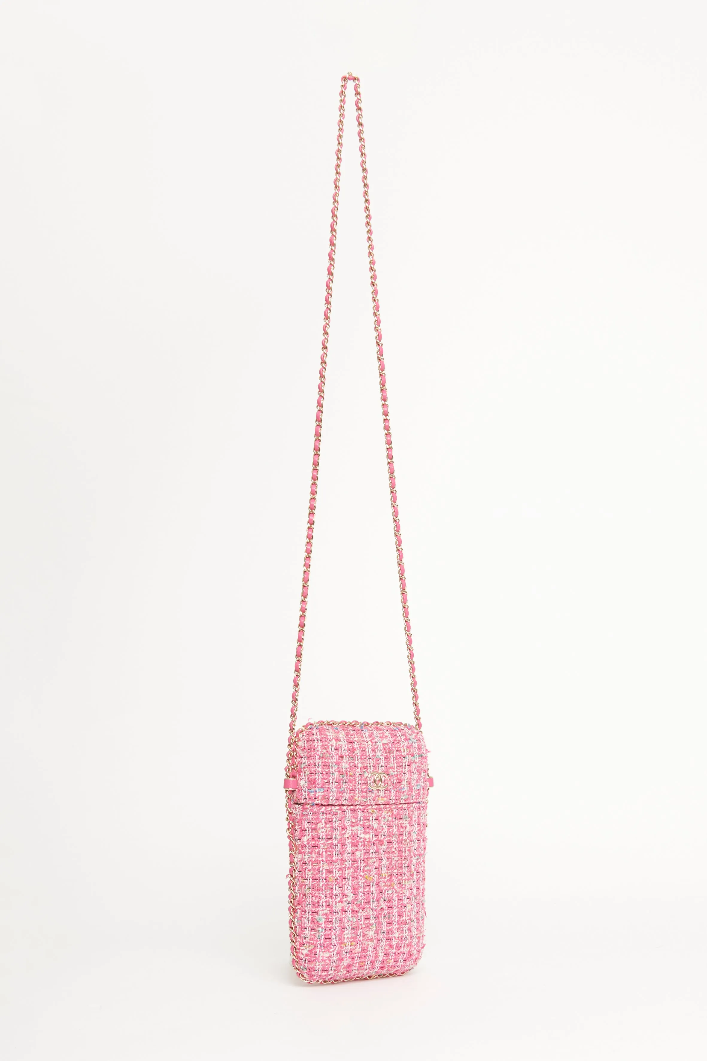 2019 Pink Tweed Chain Around Phone Holder Preowned Crossbody Bag