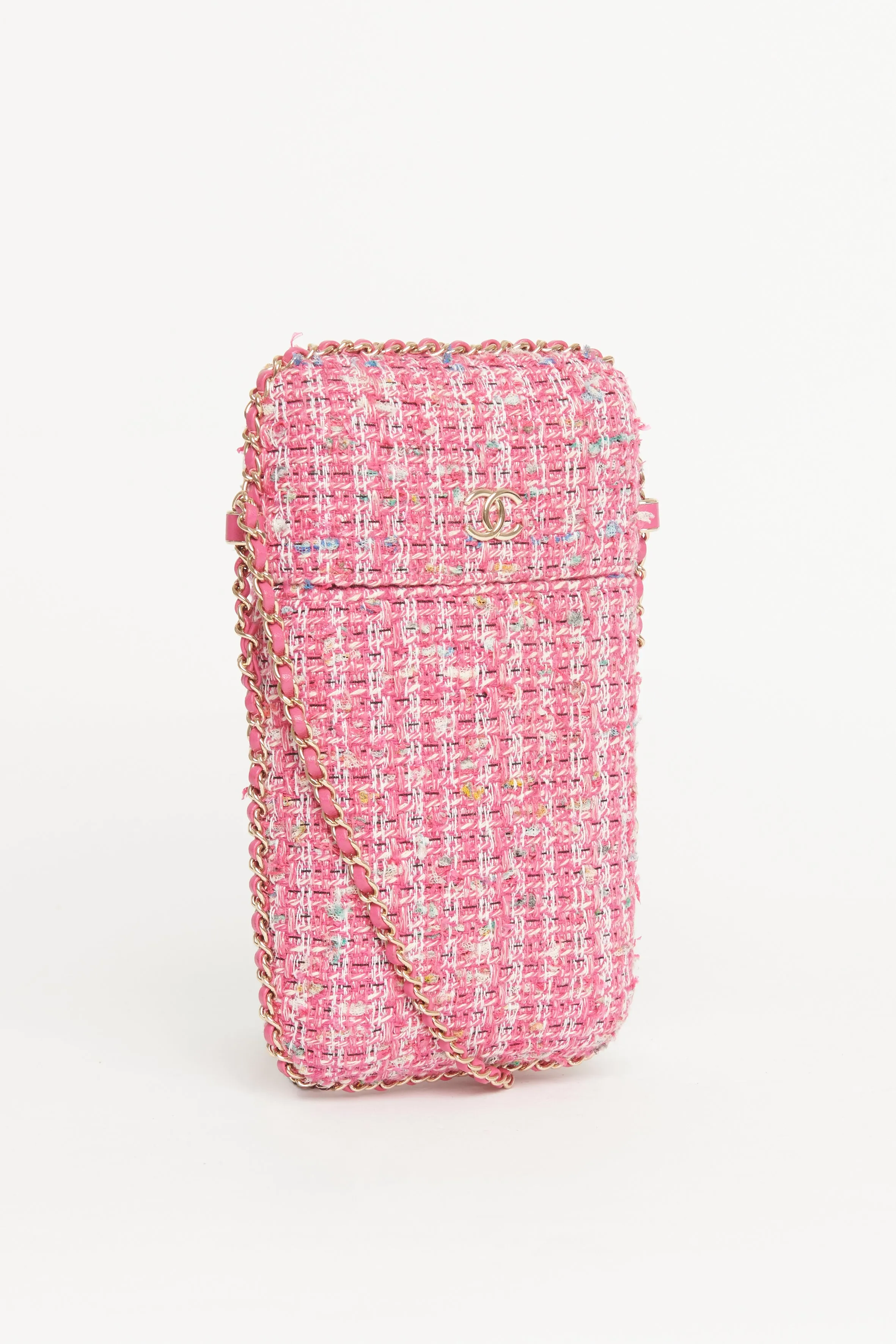 2019 Pink Tweed Chain Around Phone Holder Preowned Crossbody Bag