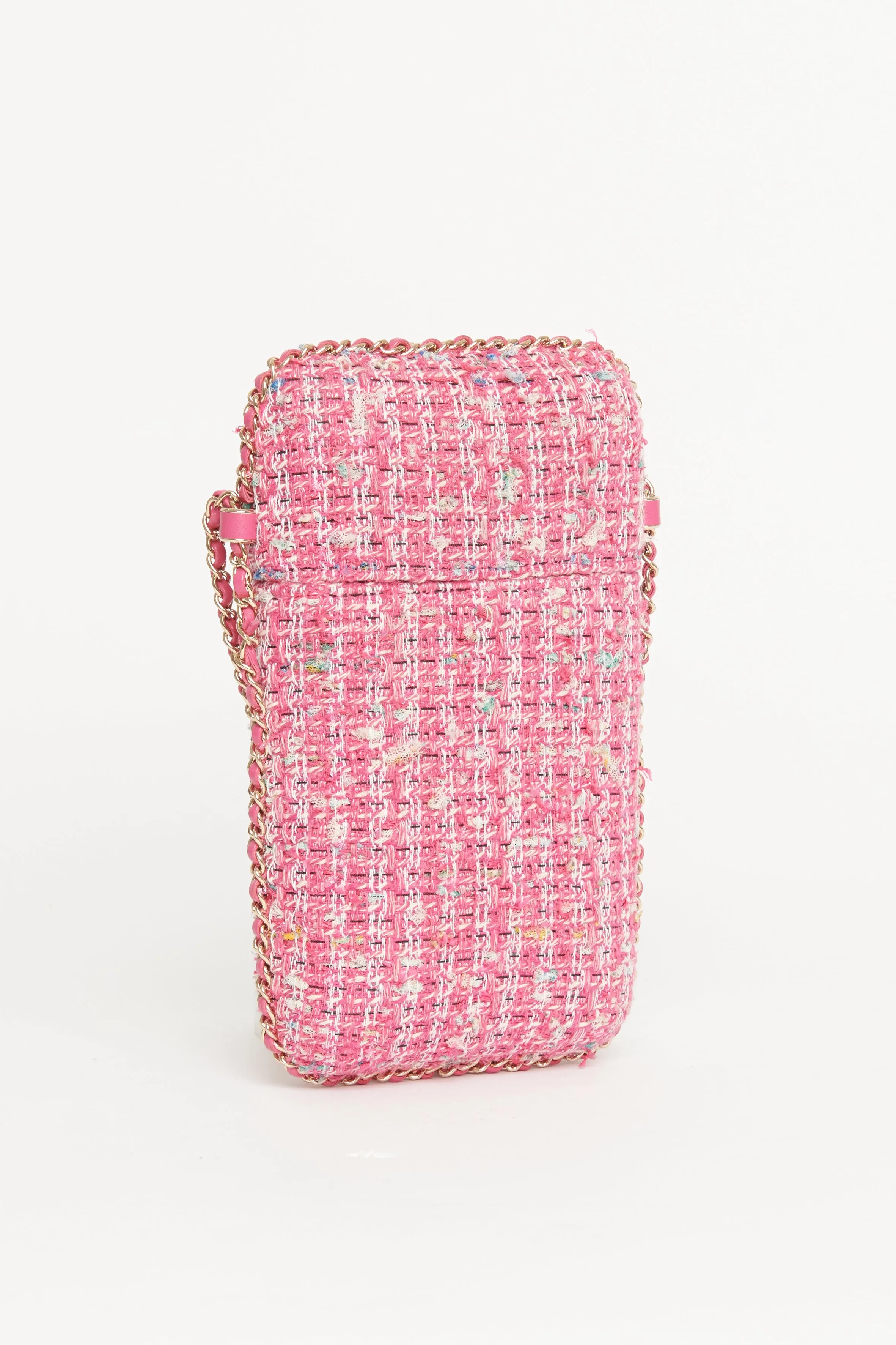 2019 Pink Tweed Chain Around Phone Holder Preowned Crossbody Bag