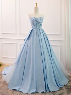 A-Line Sweetheart Neck Satin Tulle Blue Long Prom Dress, Blue Evening Dress