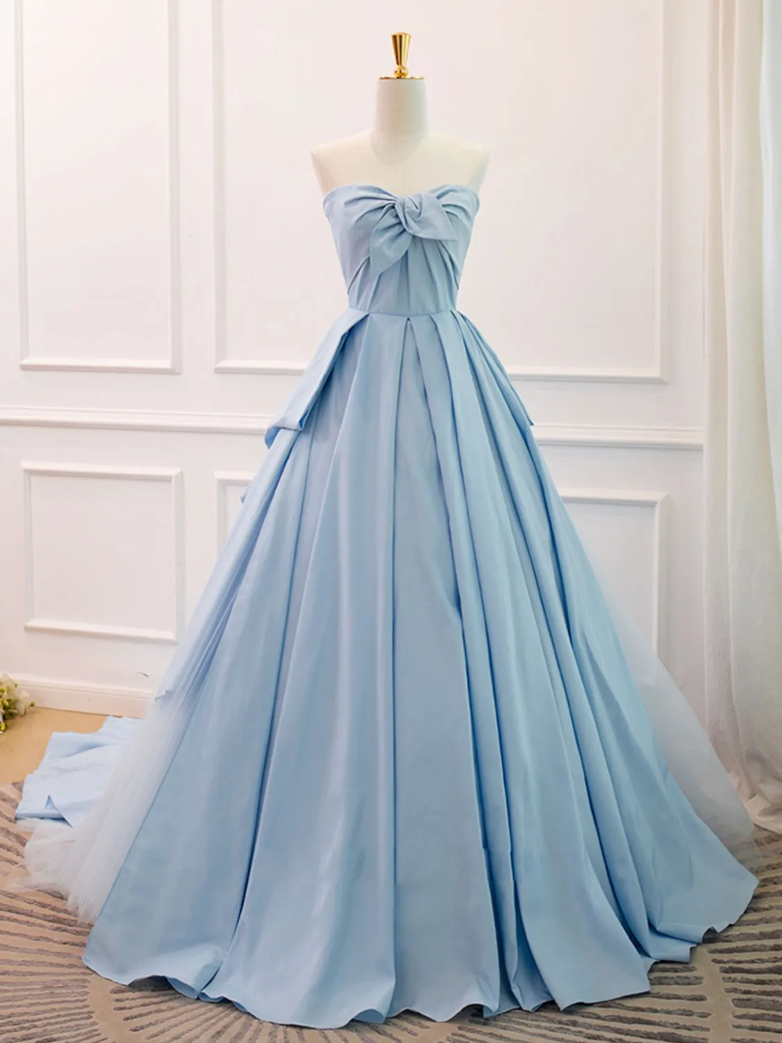 A-Line Sweetheart Neck Satin Tulle Blue Long Prom Dress, Blue Evening Dress