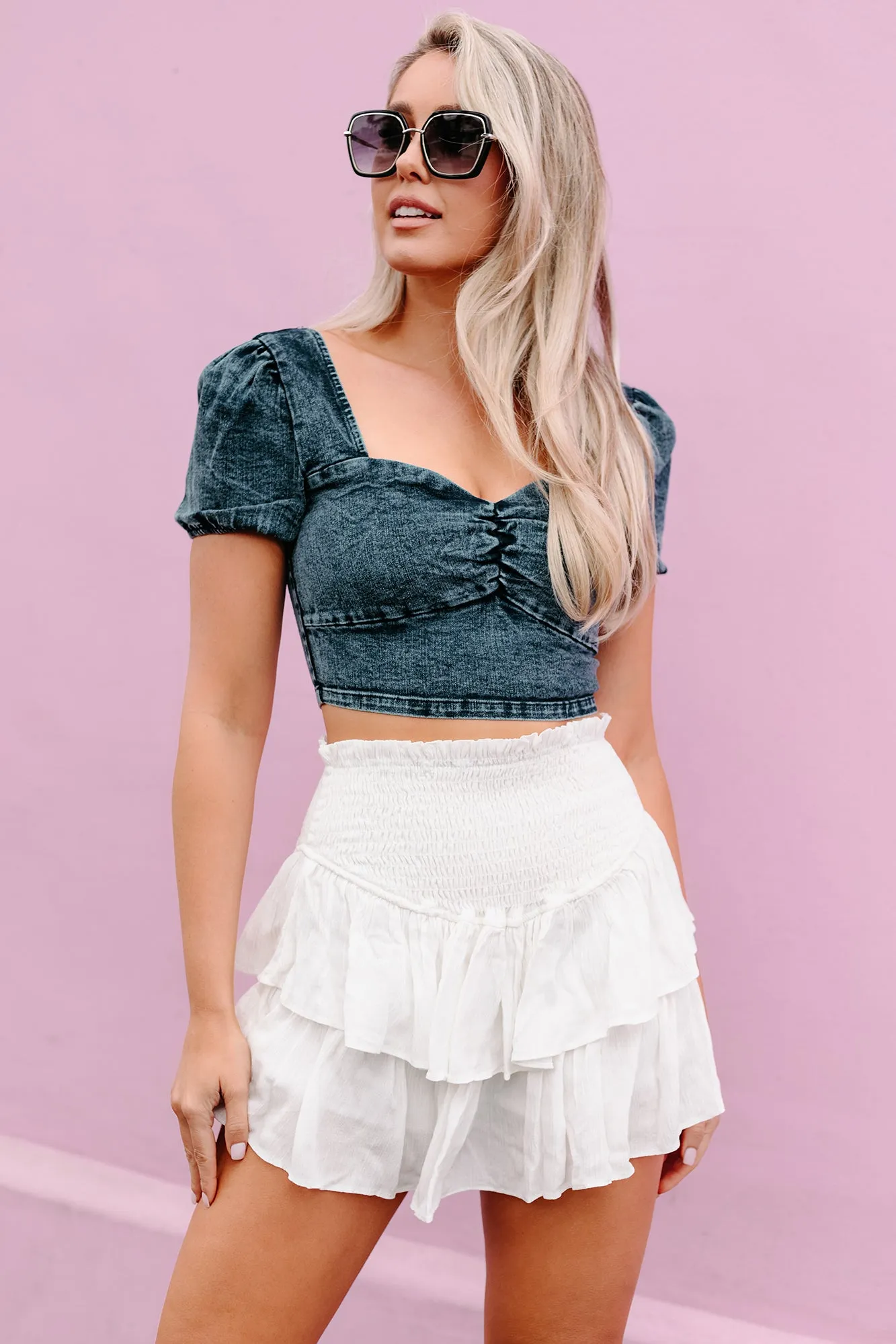 A Mind Of Her Own Sweetheart Neck Denim Crop Top (Denim)