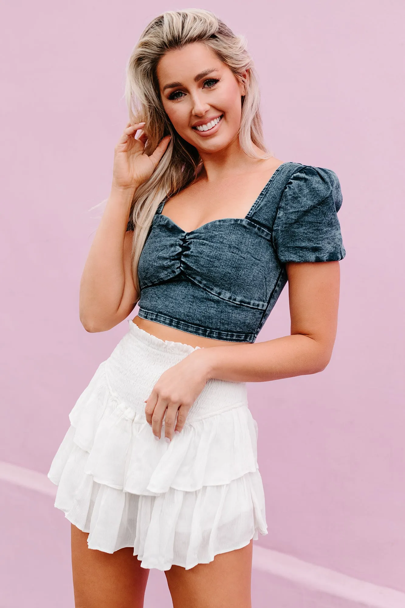 A Mind Of Her Own Sweetheart Neck Denim Crop Top (Denim)