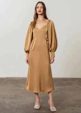 Antoinette Puff Long Sleeve Midi Dress - Bronze