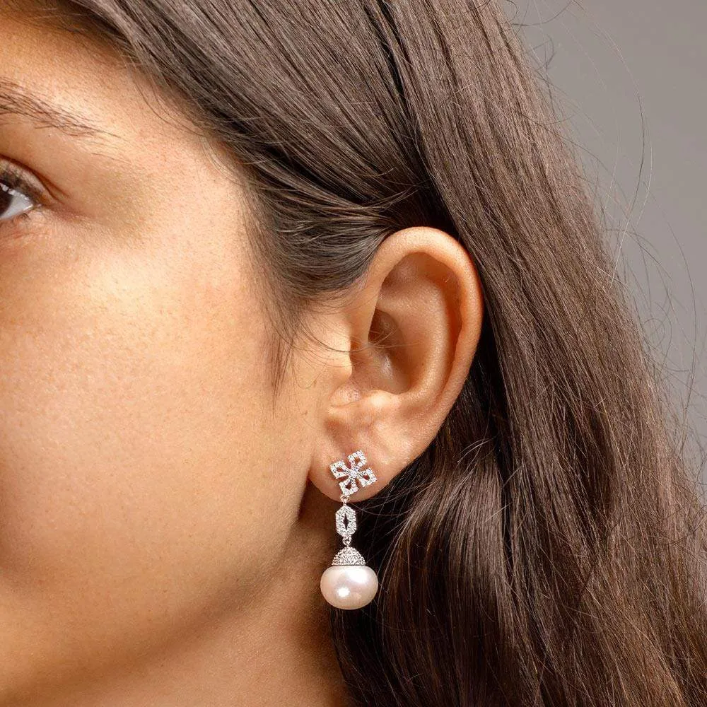 Asymmetric Cross Earrings with Pearls - White Silver