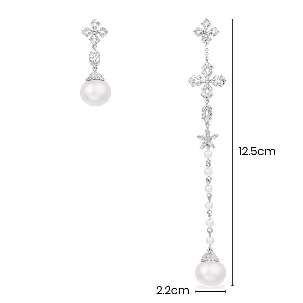 Asymmetric Cross Earrings with Pearls - White Silver