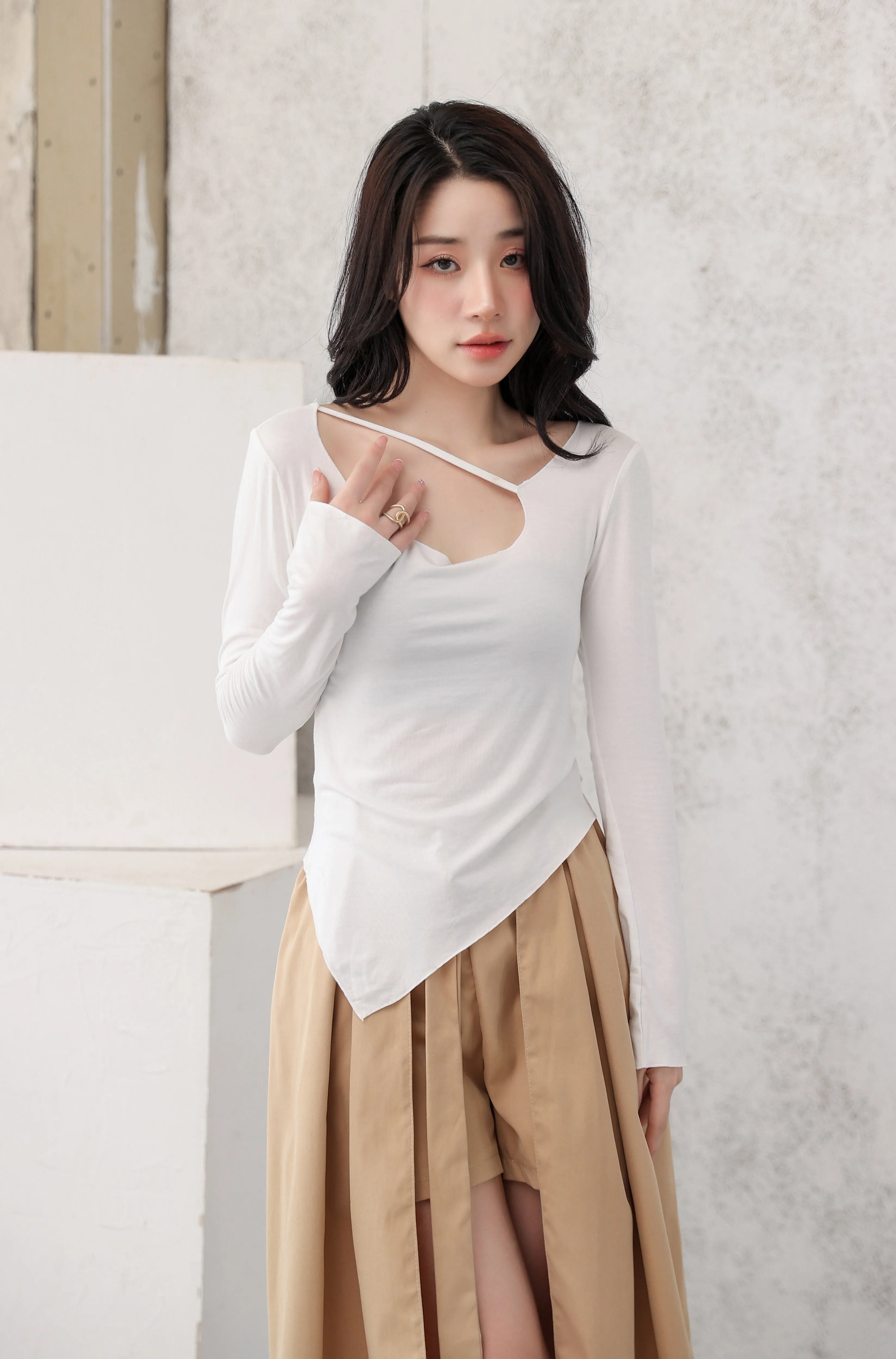 Asymmetric Neck Strap Long Sleeve Top