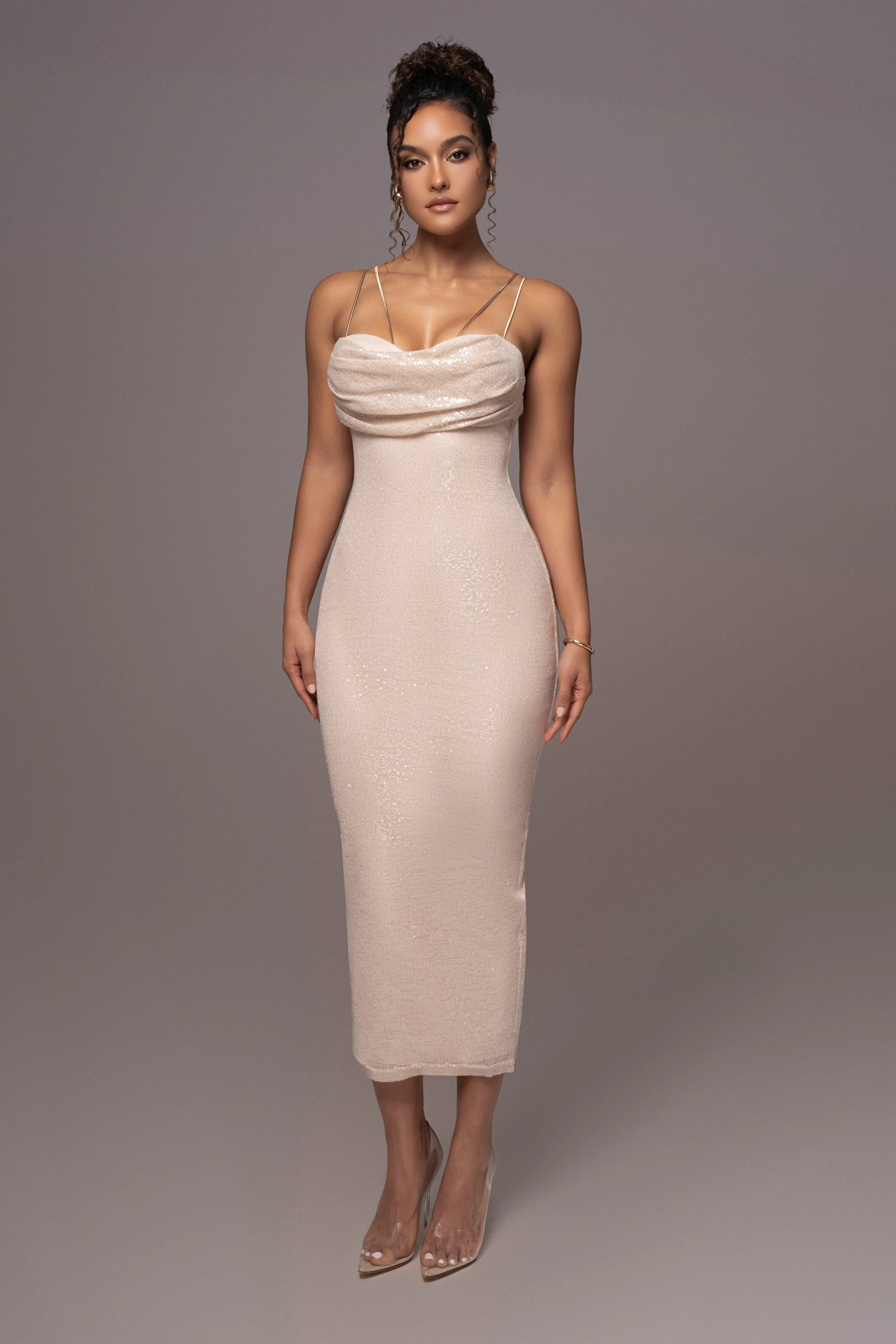 Beige Sequin Visions Of You Midi Dress