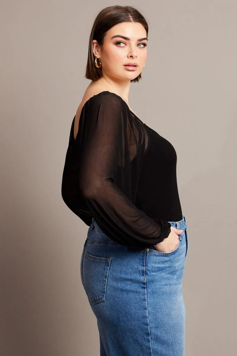 Black Bodysuit Long Sleeve Sweetheart Neckline