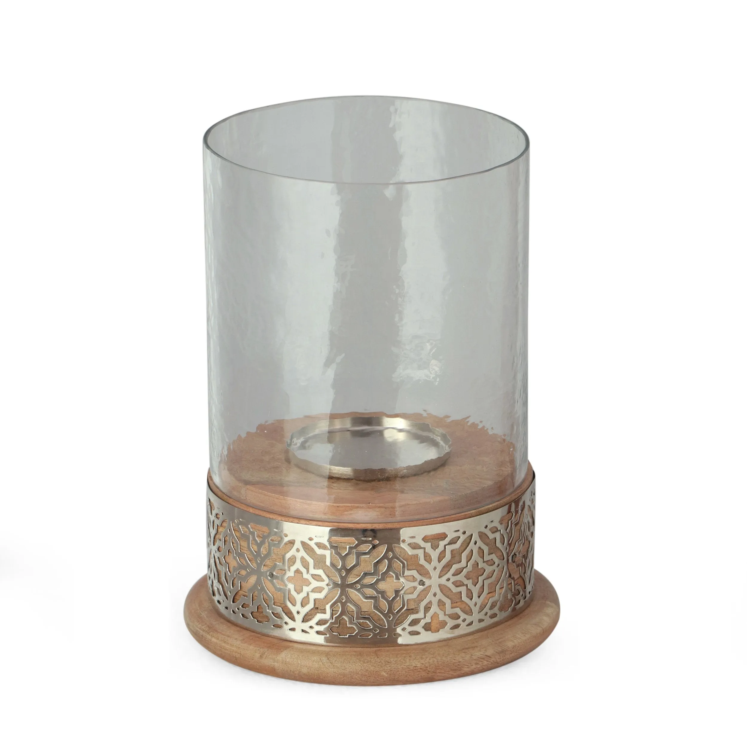 Boho Handcrafted Mango Wood Hurricane Candle Holder, Natural and Nickel - NH069413