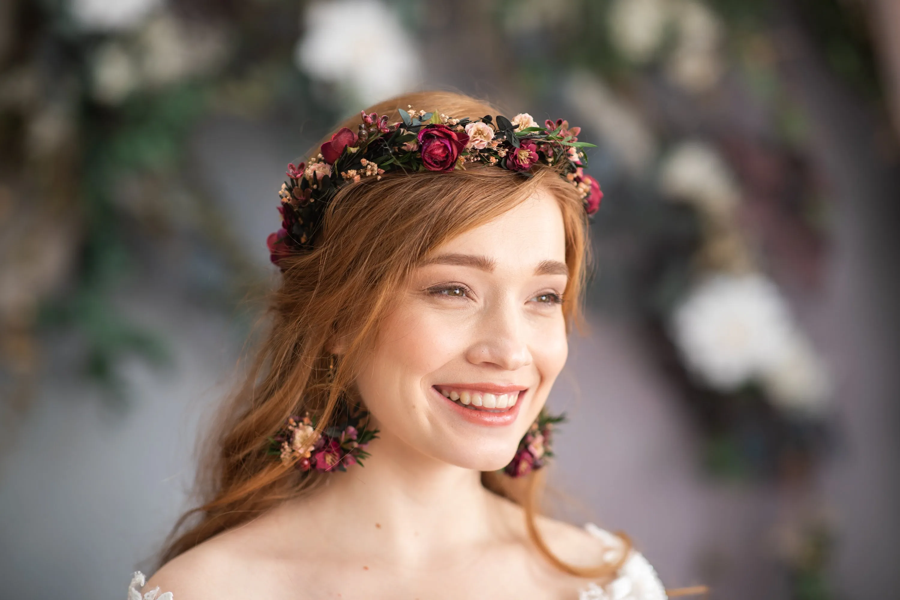 Burgundy circle flower earrings