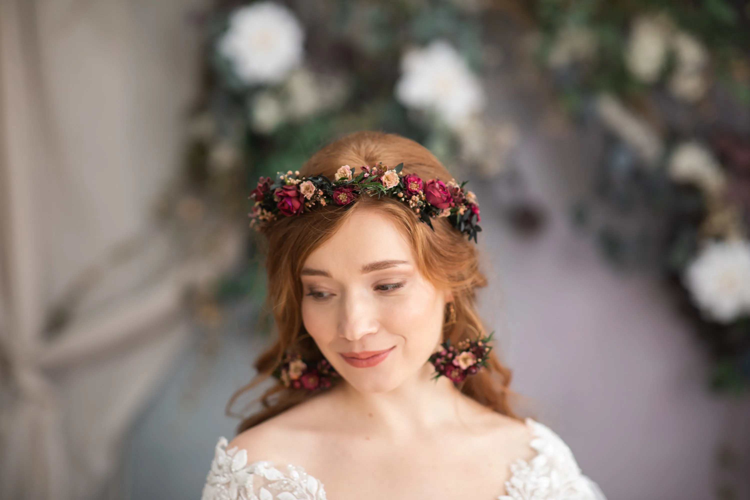 Burgundy circle flower earrings