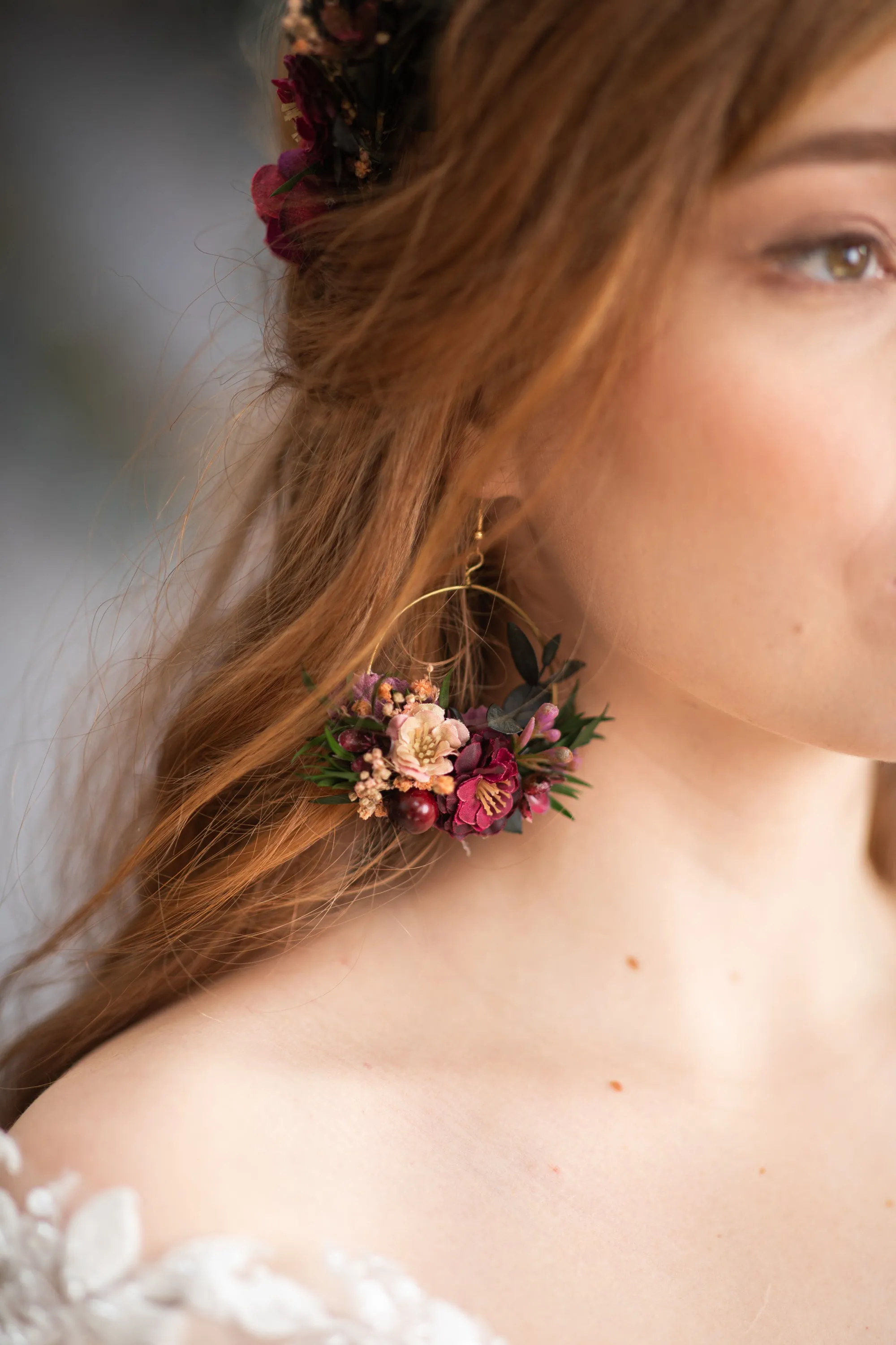 Burgundy circle flower earrings