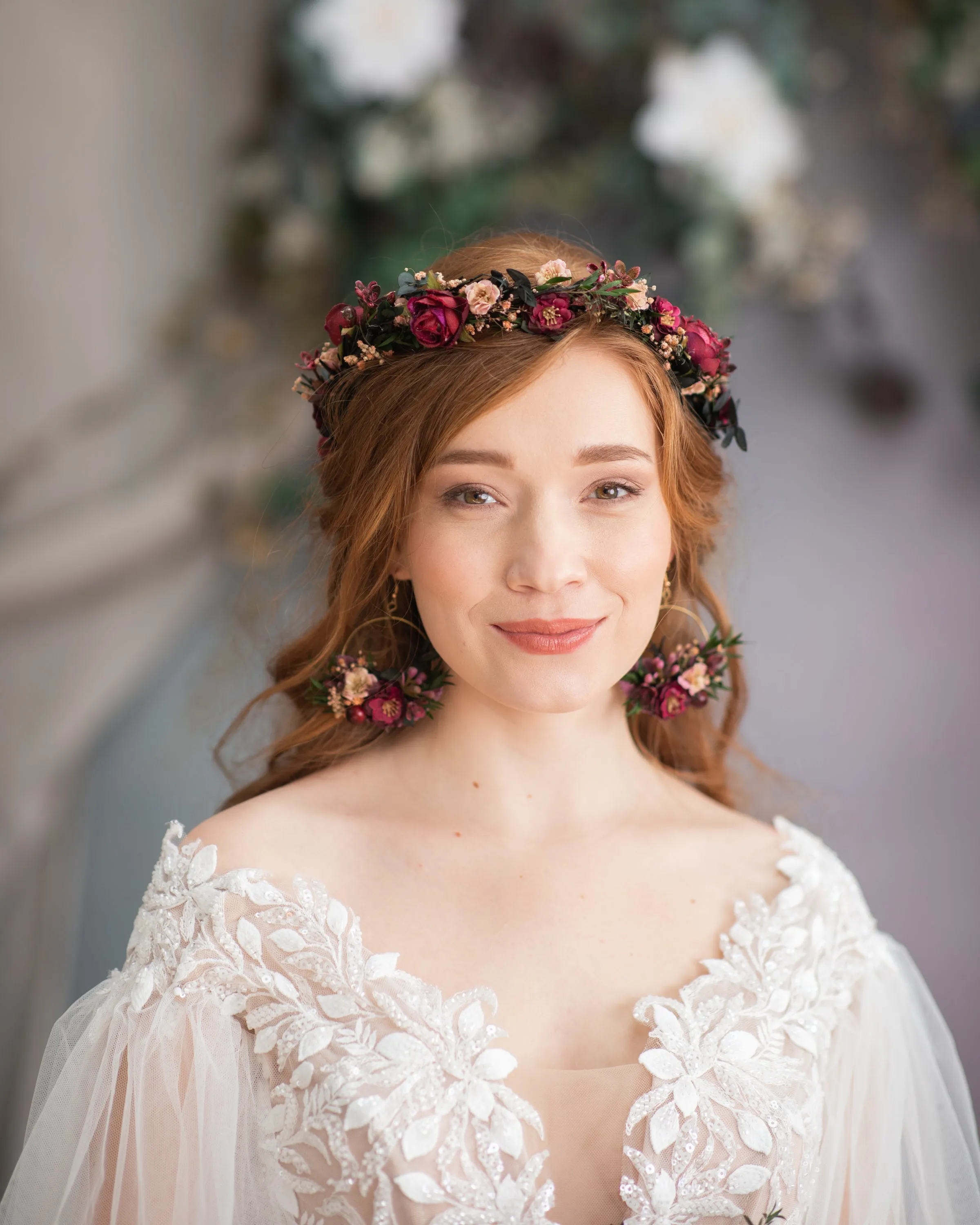 Burgundy circle flower earrings