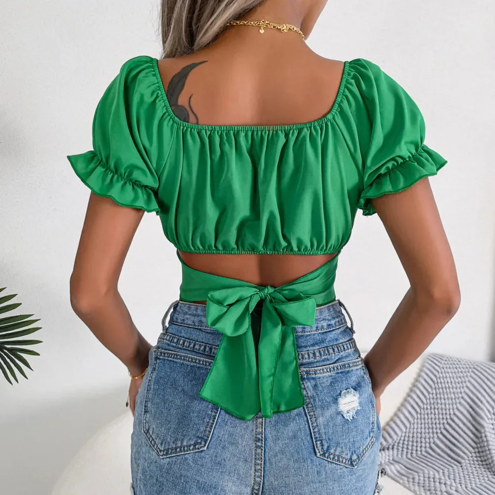 Casual Squared Neck Bodycon Chiffon Solid Stylish Ruffled Sleeve Blouse