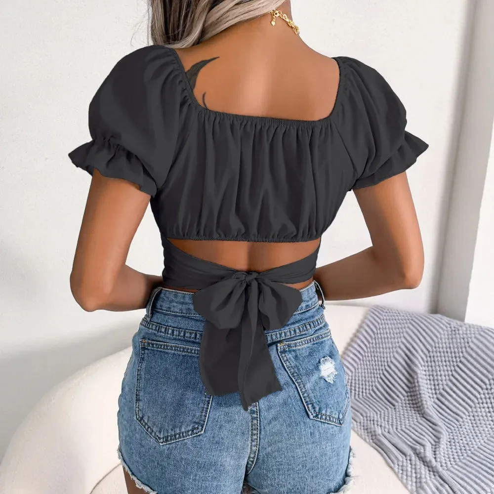 Casual Squared Neck Bodycon Chiffon Solid Stylish Ruffled Sleeve Blouse