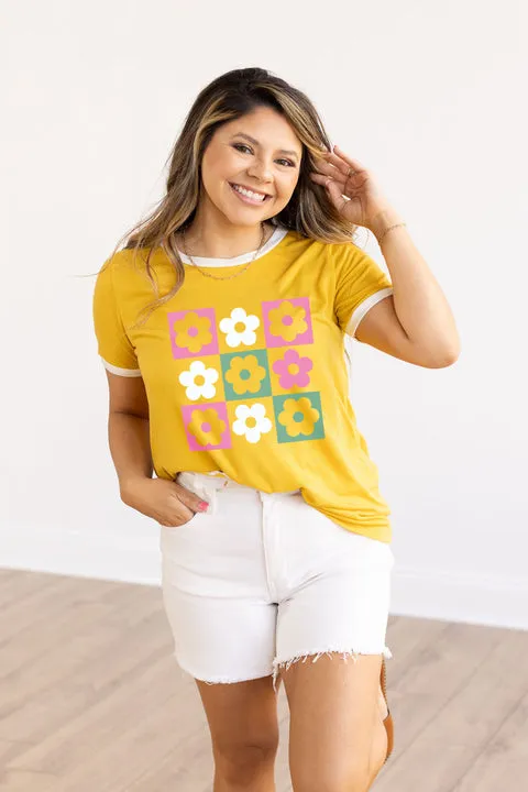 Checkered Flowers Ringer Tee, Mustard