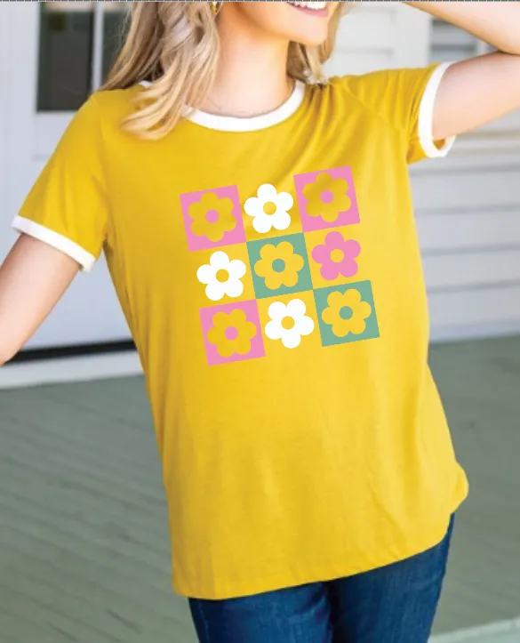 Checkered Flowers Ringer Tee, Mustard