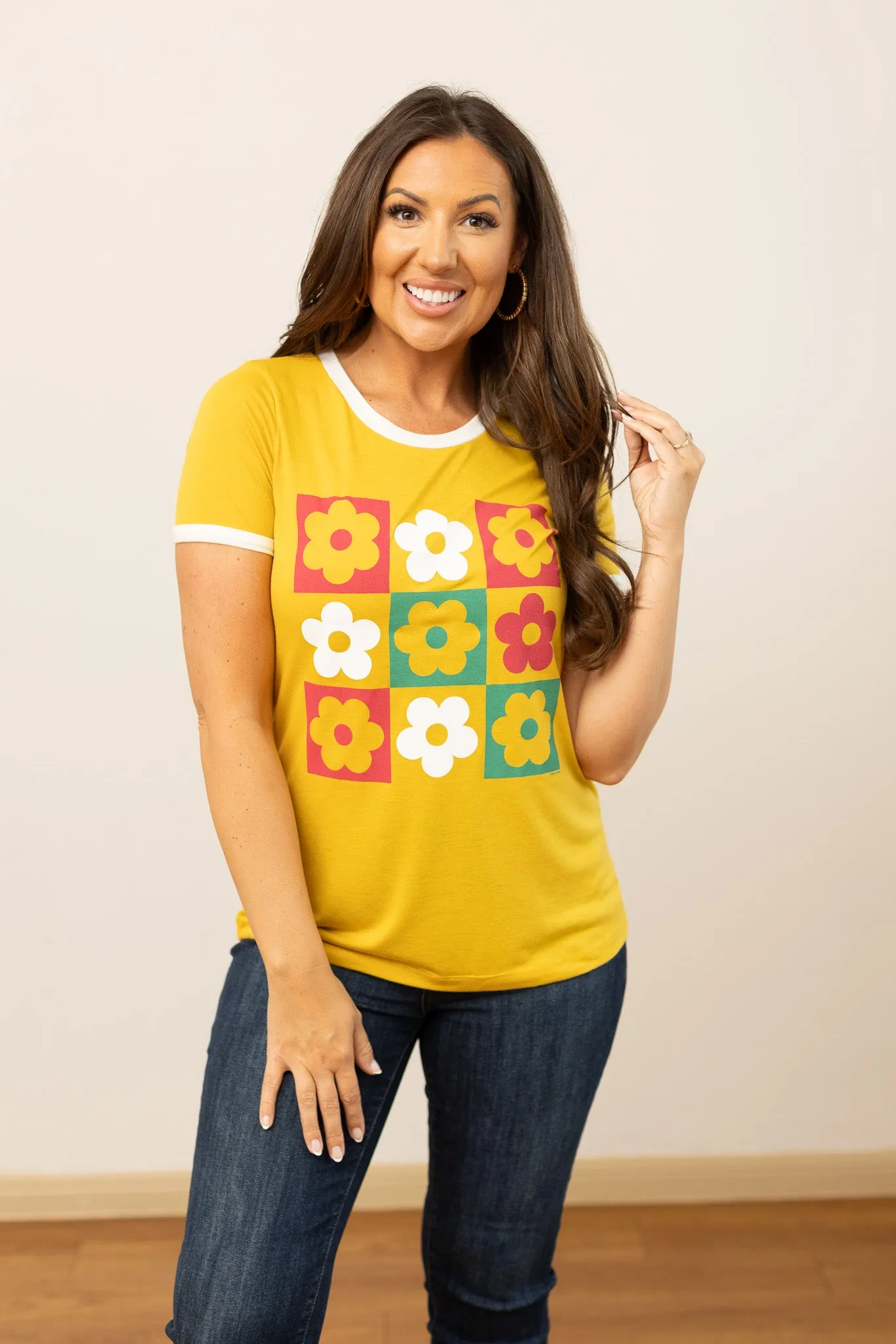 Checkered Flowers Ringer Tee, Mustard