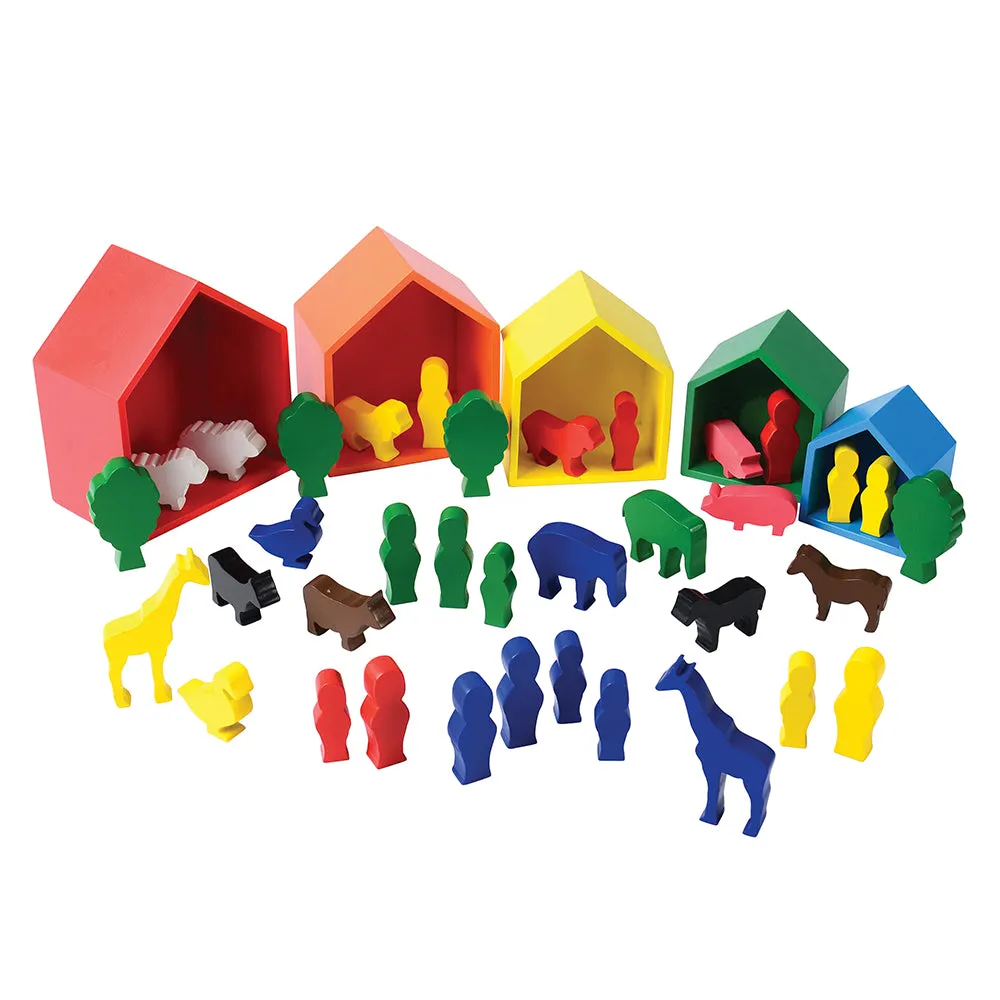 Colorful Wooden Nesting Houses & Block Figures