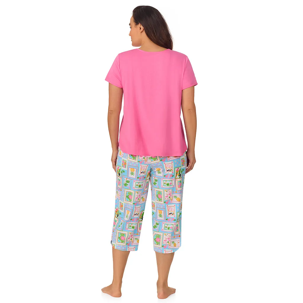 Cotton-Blend Short Sleeve Top with Cropped Pant 2-Pc Pajama Set PLUS