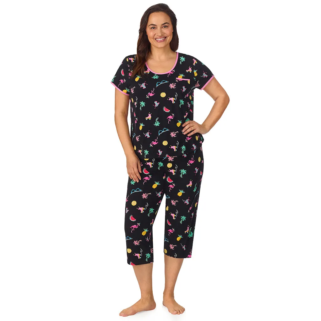 Cotton-Blend Short Sleeve Top with Cropped Pant 2-Pc Pajama Set PLUS