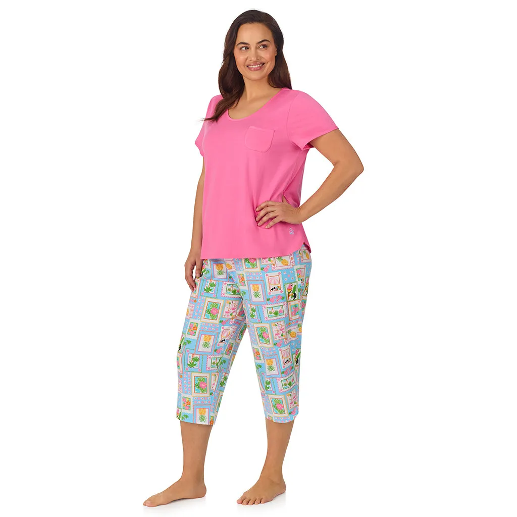 Cotton-Blend Short Sleeve Top with Cropped Pant 2-Pc Pajama Set PLUS