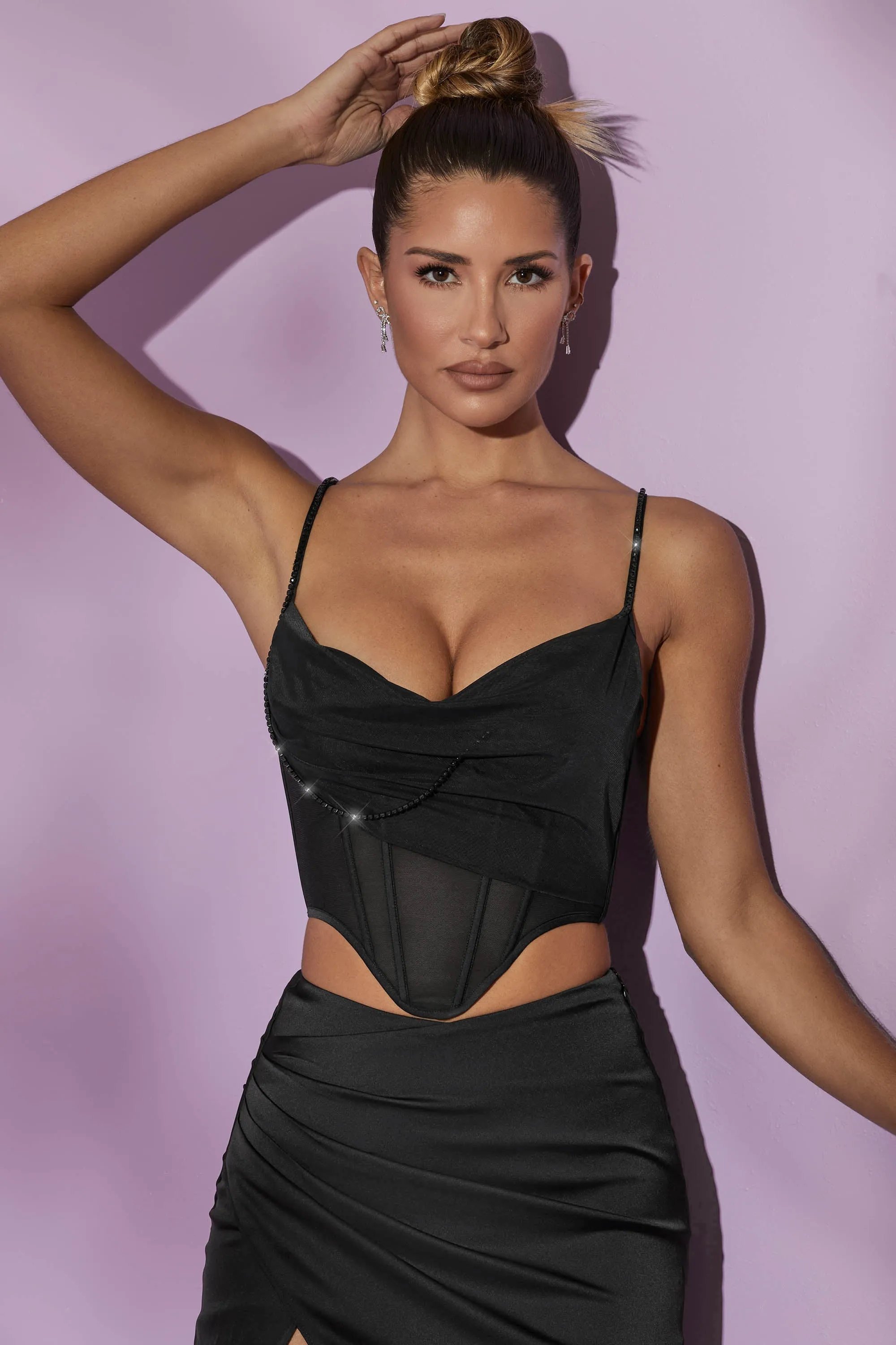 Cowl Neck Corset Crop Top in Black