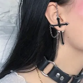 'Dagger' Black Goth Cross Chain Earring