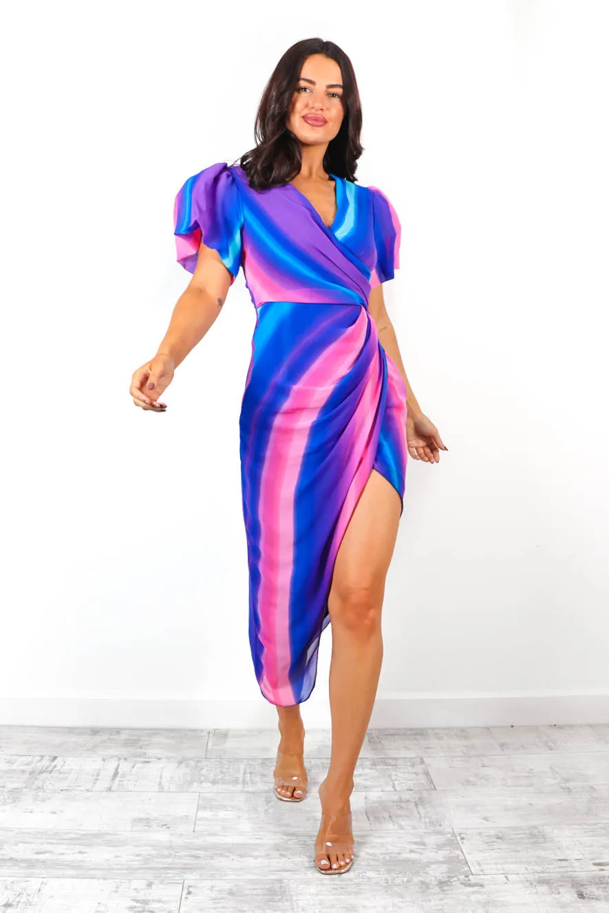 Dare To Flare - Blue Multi Abstract Printed Midi Dress