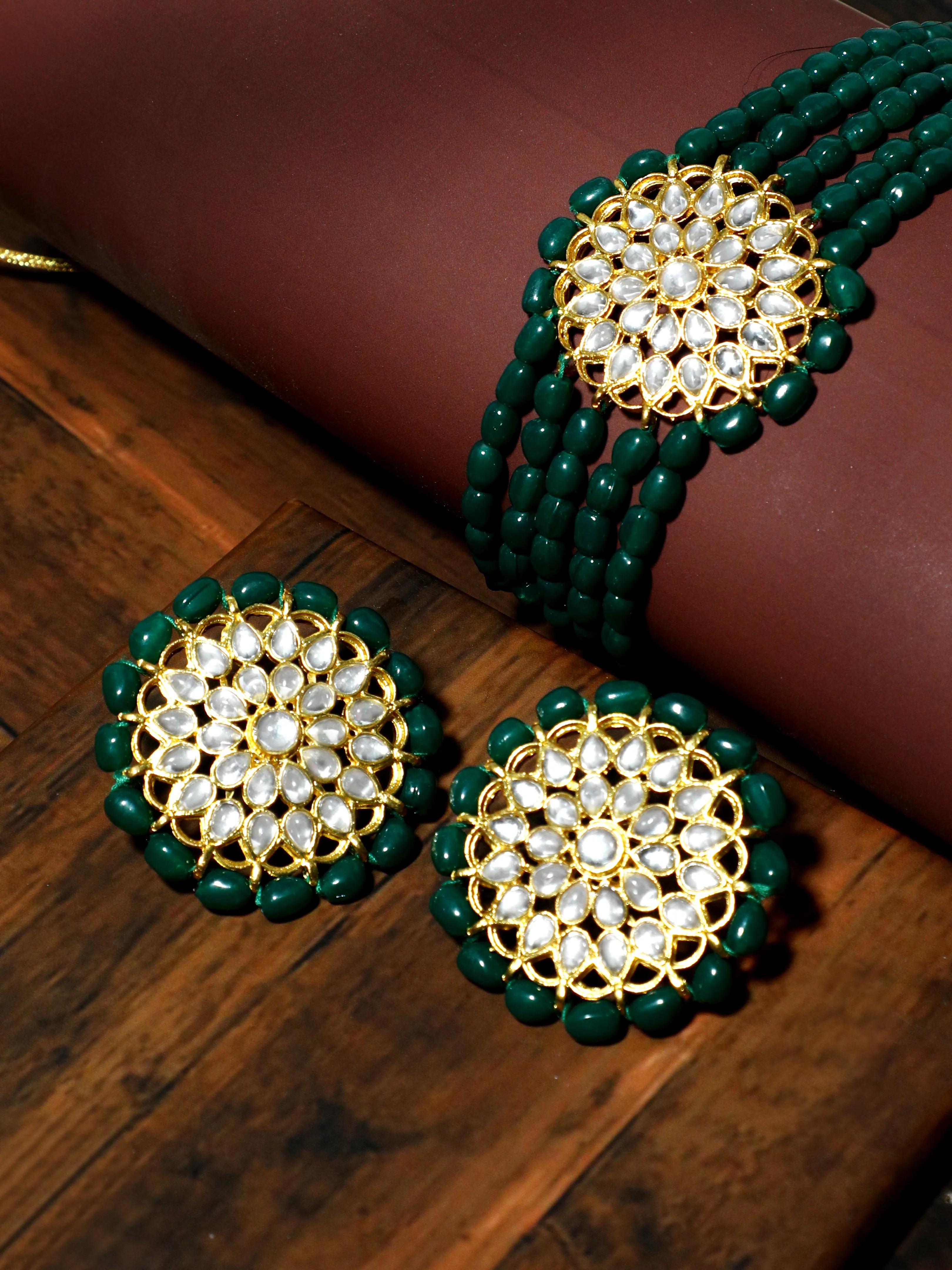 Dark Green Beaded Kundan Choker Necklace Set