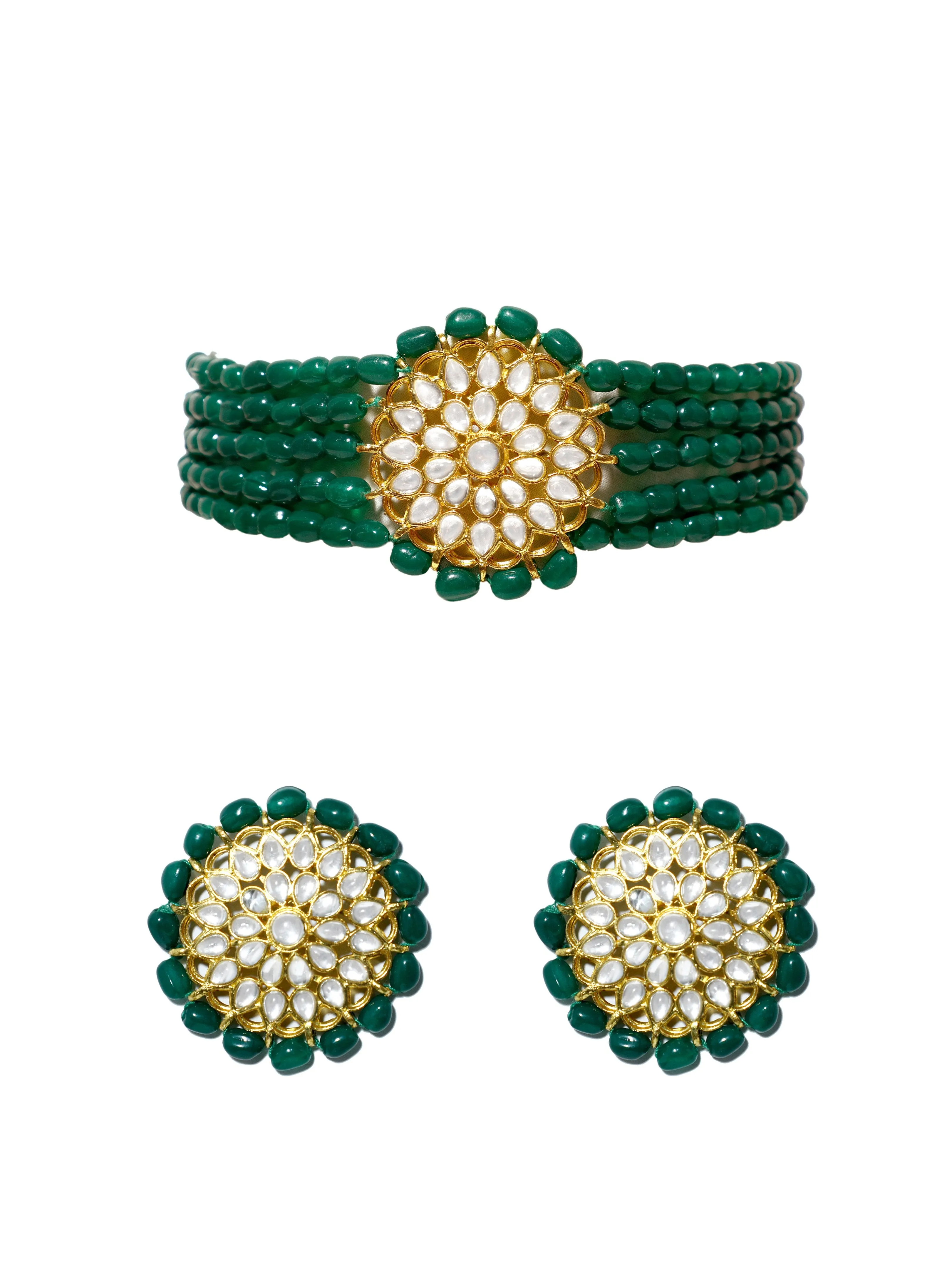 Dark Green Beaded Kundan Choker Necklace Set