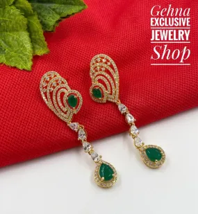 Designer Golden Long Green Zircon Earrings For Woman By Gehna Shop