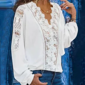 DressBetty - Fashion Women Spring Shirts Casual Solid Colors Lace Hollow Out V-Neck Long Sleeves Elegant Female Blouse Tops