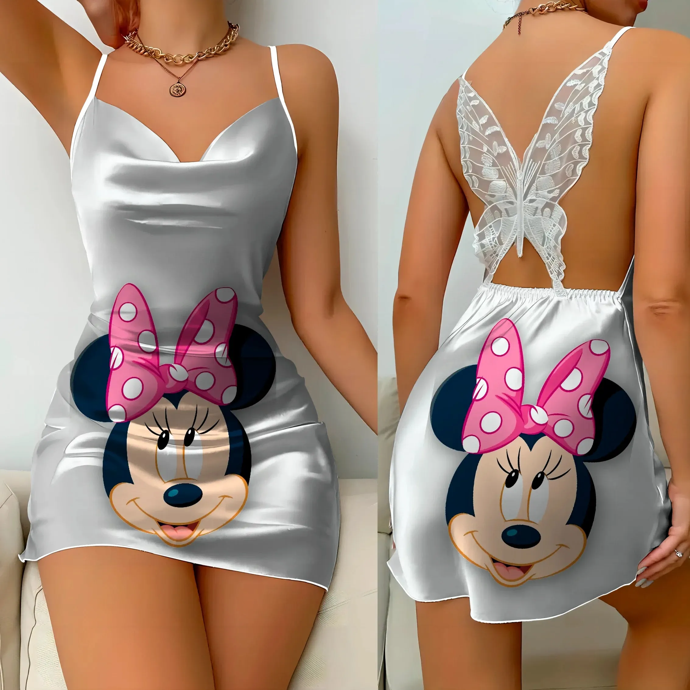 Elegant Dresses for Women Slip Dress Satin Surface Minnie Mouse Pajama Skirt Bow Knot Disney Mickey Womens Fashion Summer 2024