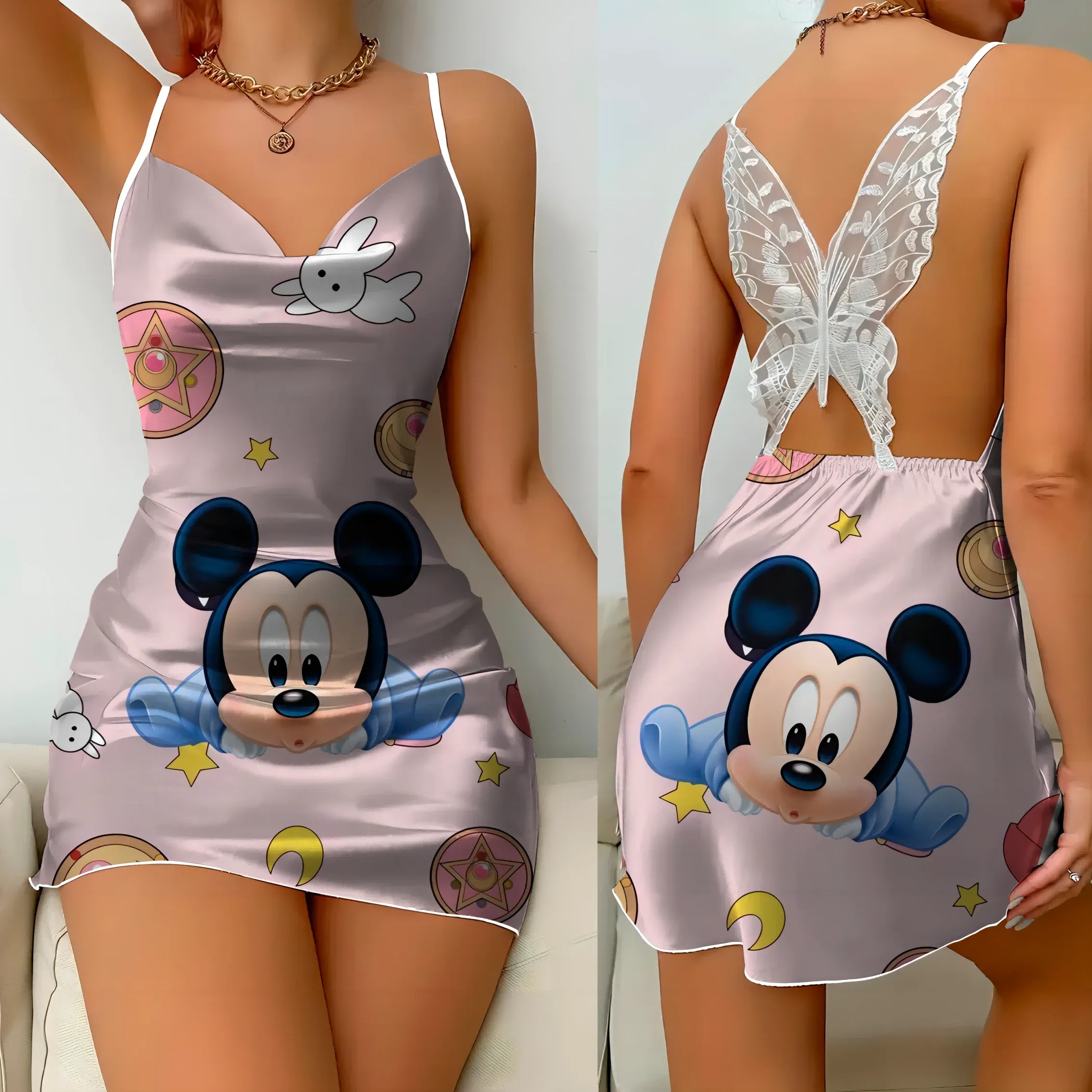 Elegant Dresses for Women Slip Dress Satin Surface Minnie Mouse Pajama Skirt Bow Knot Disney Mickey Womens Fashion Summer 2024