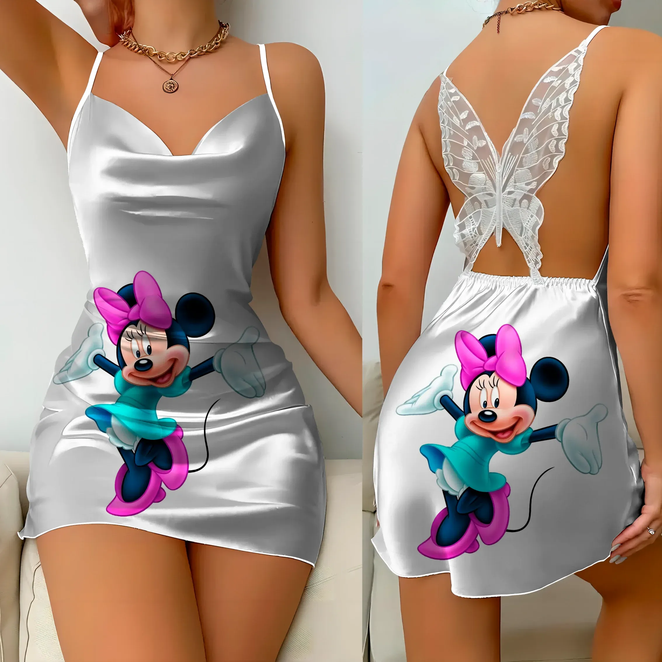 Elegant Dresses for Women Slip Dress Satin Surface Minnie Mouse Pajama Skirt Bow Knot Disney Mickey Womens Fashion Summer 2024