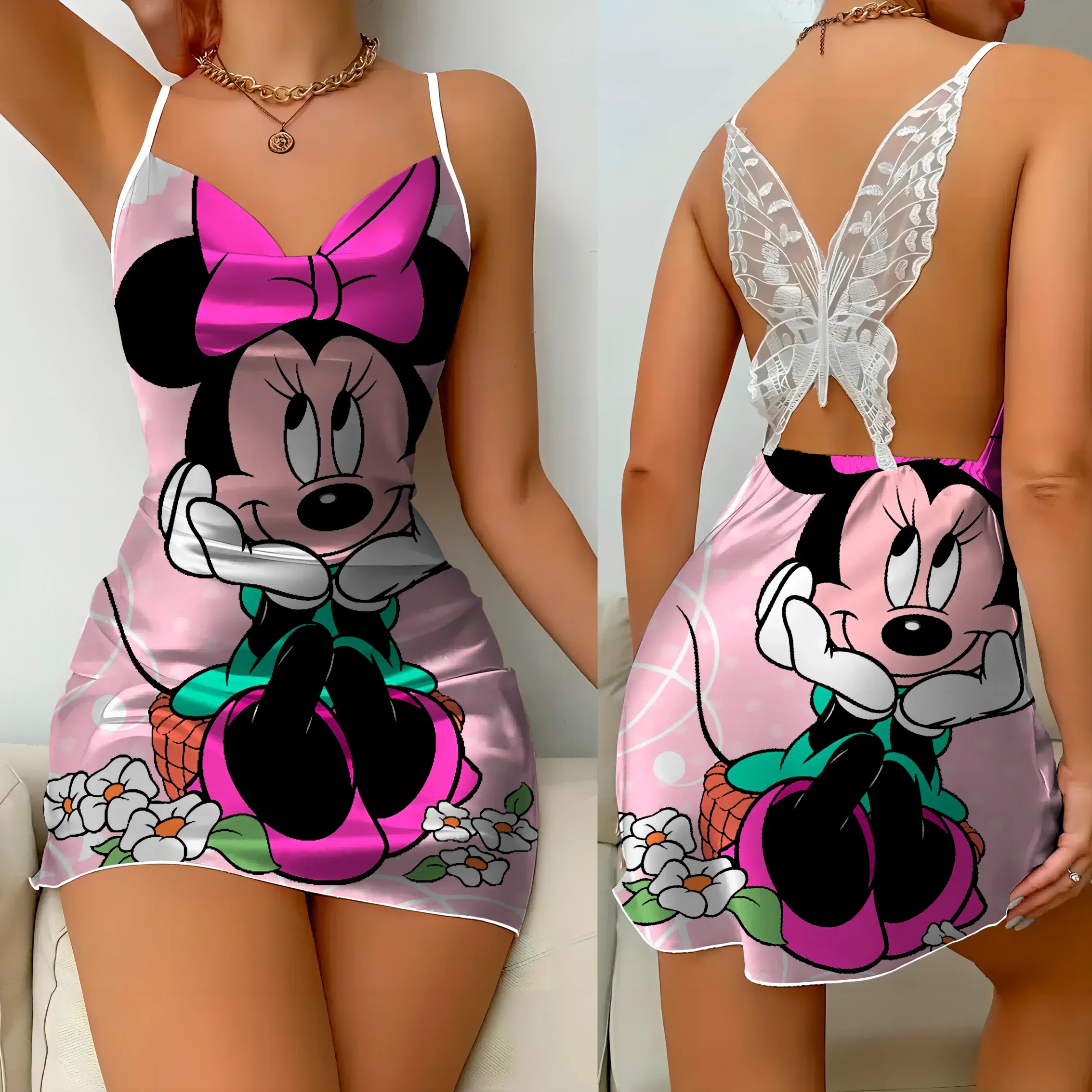 Elegant Dresses for Women Slip Dress Satin Surface Minnie Mouse Pajama Skirt Bow Knot Disney Mickey Womens Fashion Summer 2024