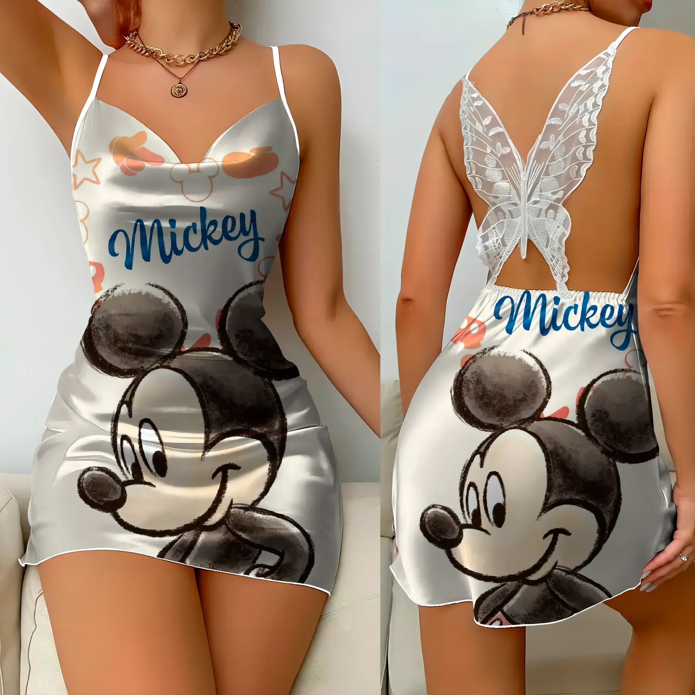 Elegant Dresses for Women Slip Dress Satin Surface Minnie Mouse Pajama Skirt Bow Knot Disney Mickey Womens Fashion Summer 2024