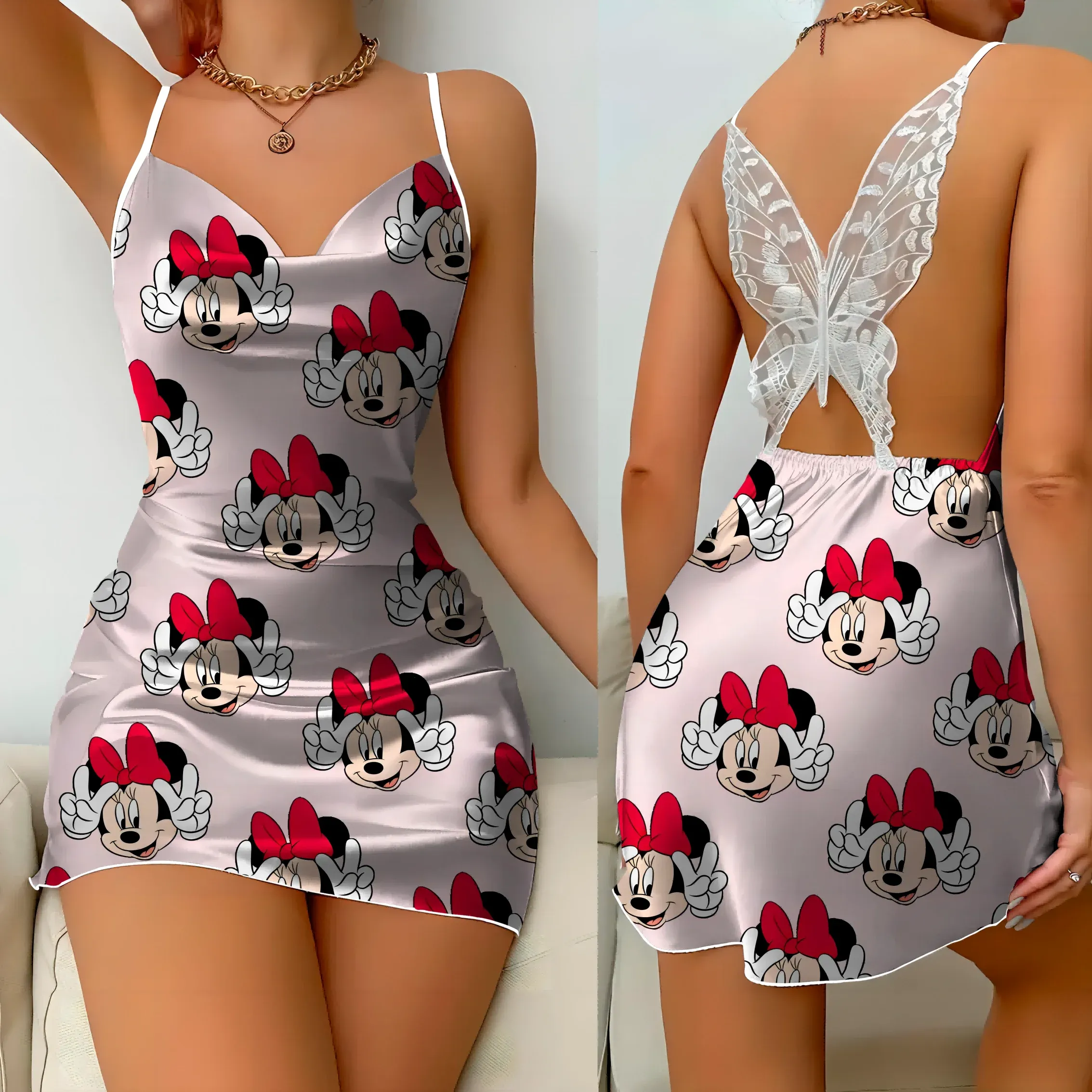 Elegant Dresses for Women Slip Dress Satin Surface Minnie Mouse Pajama Skirt Bow Knot Disney Mickey Womens Fashion Summer 2024