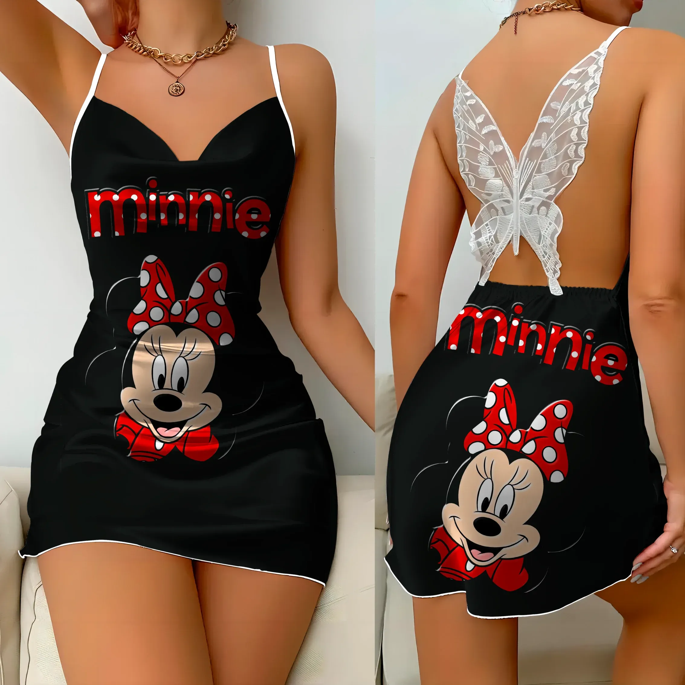 Elegant Dresses for Women Slip Dress Satin Surface Minnie Mouse Pajama Skirt Bow Knot Disney Mickey Womens Fashion Summer 2024