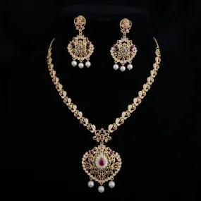 Elegant Zircon (CZ) Stone Necklace Set with uncut diamond stone work and Kempu stones