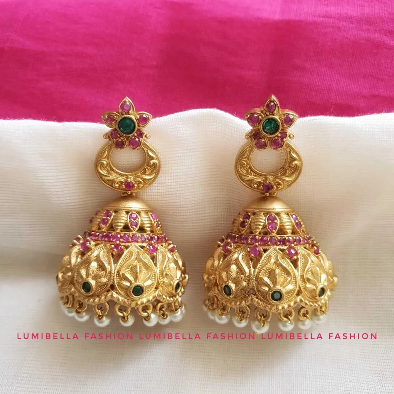 Floral Jhumki Earrings With White Gungurus