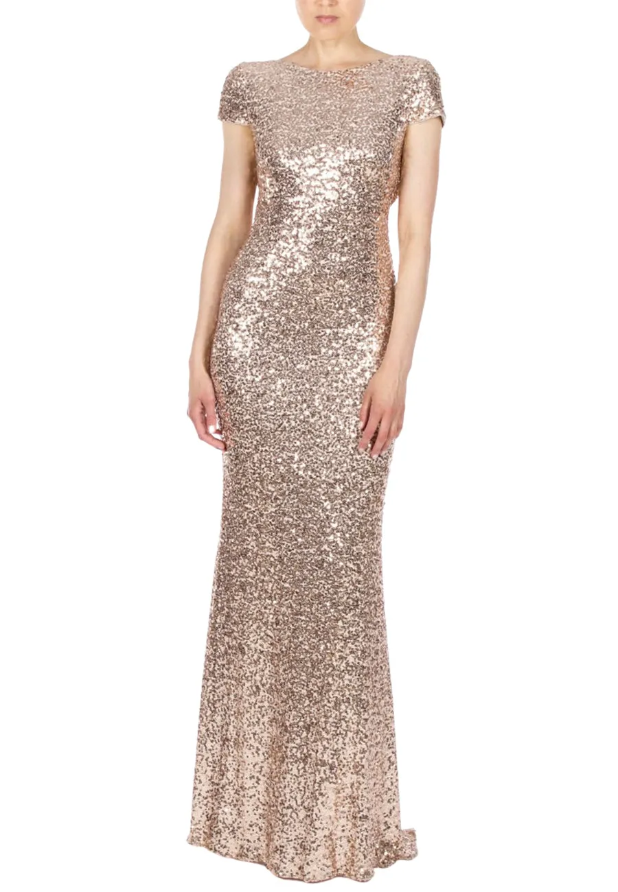 Gold Cap Sleeves Sequins Cowl Back Gown