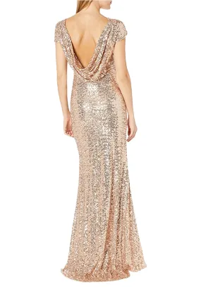 Gold Cap Sleeves Sequins Cowl Back Gown