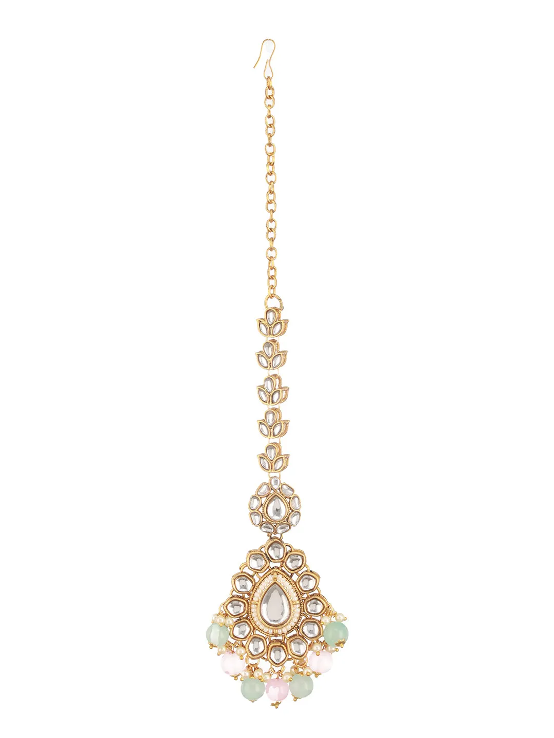 Gold Plated Kundan Studded &Amp; Mint Green &Amp; Baby Pink Pearl Beaded Choker Jewellery Set With Maangtikka