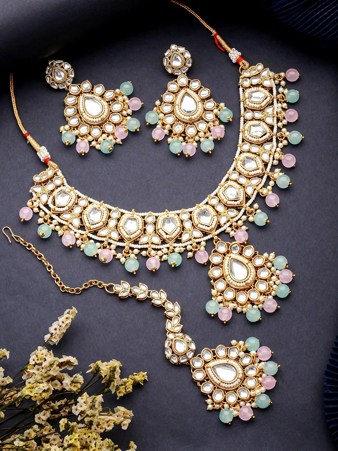 Gold Plated Kundan Studded &Amp; Mint Green &Amp; Baby Pink Pearl Beaded Choker Jewellery Set With Maangtikka