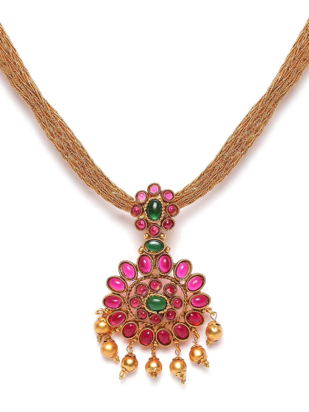 Gold-Plated Pink & Green Stone-Studded & Beaded Handcrafted Jewellery Set